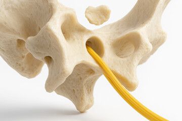 Medical model of sacrum bone with yellow nerve fiber emerging from a hole, close-up on a white background