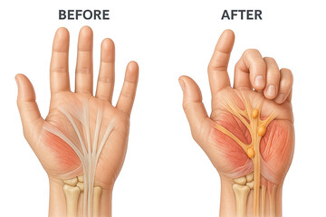 Illustrative comparison of a healthy hand's anatomy versus a hand with ganglion cysts affecting the nerves and tendons.