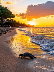 Turtle nesting journey at sunset beach caribbean coast nature photography serene environment low angle wildlife conservation