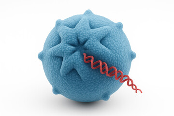 3D render of a virus particle, possibly bacteriophage, with blue textured capsid and red spiral DNA strand emerging.