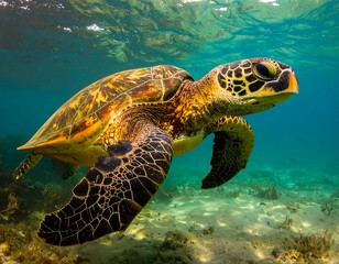 Fototapeta premium Close-up of a sea turtle in sunlit blue water