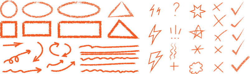 Hand-Drawn Red Marker Doodle Elements – Shapes, Arrows, Lines, and Symbols Isolated on White Background