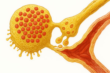 Illustration of a microscopic view of a virus or bacterium interacting with blood cells or internal body tissue, concept of disease and infection, scientific illustration.