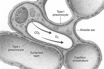 Detailed illustration of alveoli in the lungs, showing gas exchange between air sacs and capillaries.