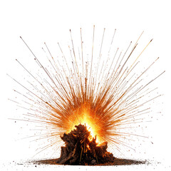 Dramatic explosion with fiery core, smoke, and radiating energy, all on black