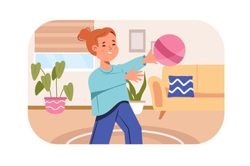 Smiling Girl Playing with Pink Ball in Sunny Living Room with Plants and Beige Sofa Under Natural Light Illustration