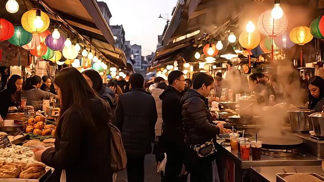 Bustling Asian Street Food Market with Colorful Lanterns and Steaming Food Stalls.