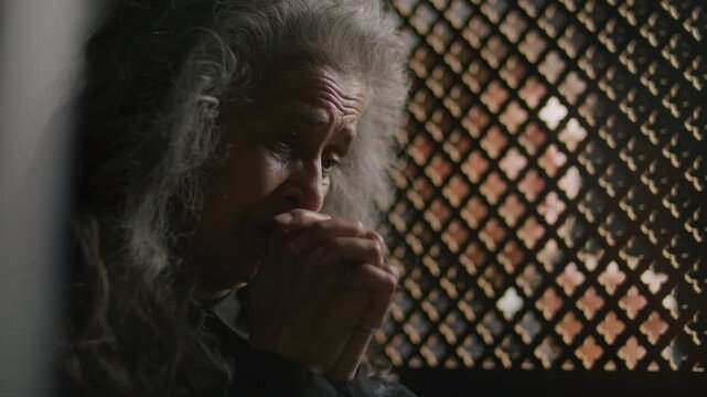 Sorrowful elderly woman praying with hands clasped and eyes closed while sitting beside wooden lattice screen and listening to priest during confession