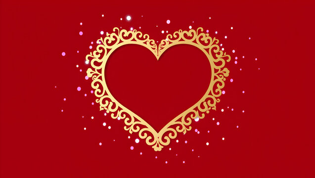Ornate golden heart frame with glittering sparkles on a red background