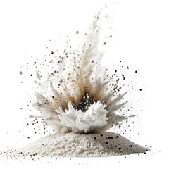 Explosion of white powder. Spray of particles in motion. Dark background