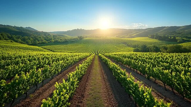 Sunrise over a picturesque vineyard with rows of green grapevines stretching into the distance, framed by rolling hills and a vibrant blue sky.