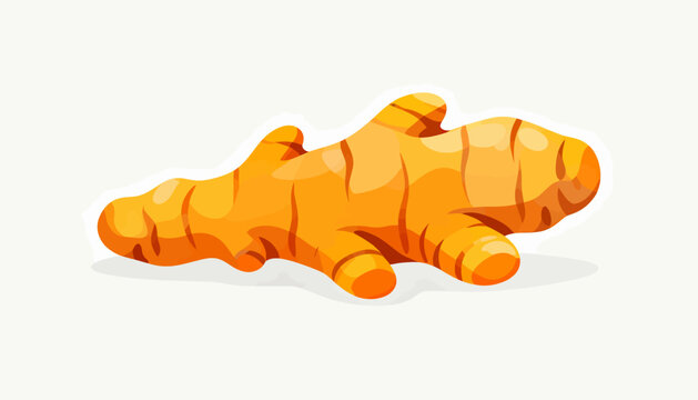 A piece of ginger root is shown in a cartoon style. The ginger root is yellow and has a slightly curved shape