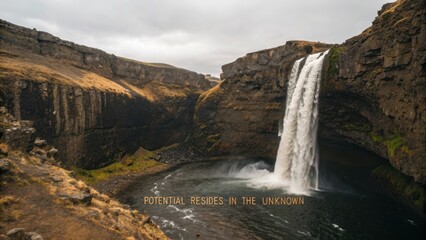 Majestic Waterfall Cascading Into Serene Pool Surrounded by Rugged Cliffside in Enigmatic Landscape at Dusk