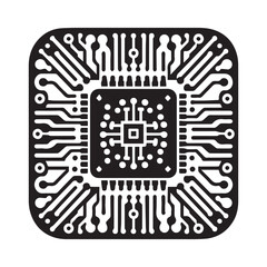 Black and white graphic of a square computer chip with intricate circuit board patterns radiating outwards