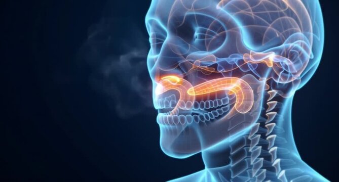 Human head anatomy showing sinus passages and breath exhalation process