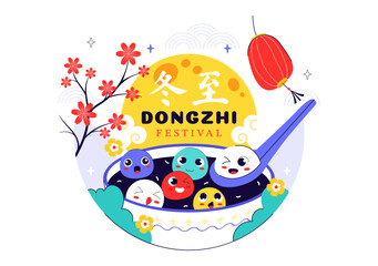 Dongzhi Festival Translation. Winter Solstice Festival Illustration Featuring Traditional Chinese Foods Tangyuan and Jiaozi in a Cultural Background