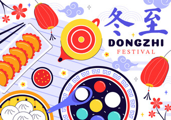 Dongzhi Festival Translation. Winter Solstice Festival Illustration Featuring Traditional Chinese Foods Tangyuan and Jiaozi in a Cultural Background