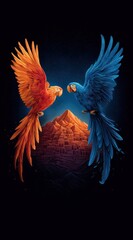 Two vibrantly colored macaws face each other, flanking a mountain in this symmetrical artwork