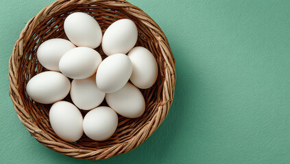 A basket of white eggs on a textured green background