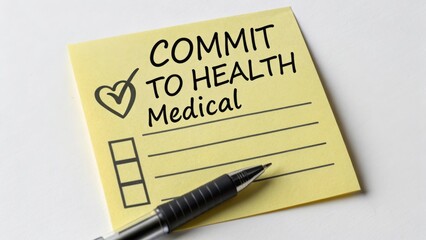 Commit to Health Medical Note with Checklist and Pen on Yellow Sticky Pad for Wellness Goals and Health Reminders
