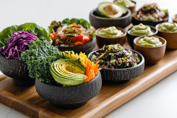 Healthy food bowls with fresh vegetables and avocado slices