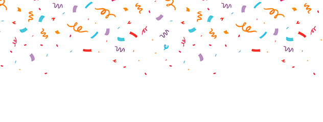 Colorful confetti and streamers falling against a white background, creating a festive and celebratory atmosphere.
