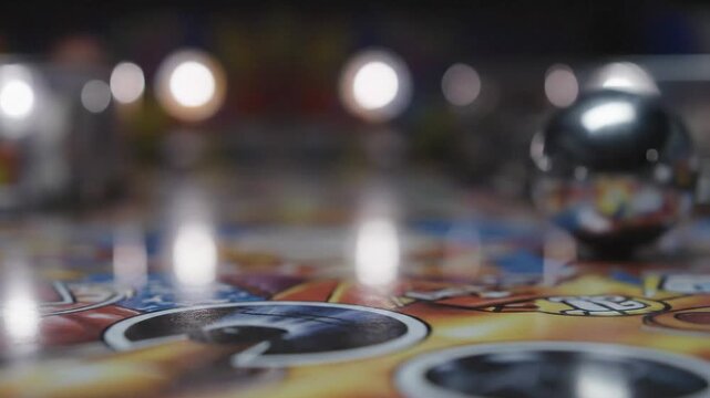 Close-up of a shiny pinball ball rolling across a colorful pinball machine playfield