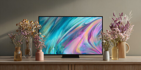 Modern television displaying abstract art surrounded by decorative flowers