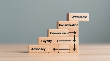 Digital marketing sales funnel concept. Wooden blocks with a