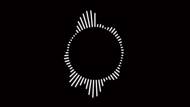 Music equalizer- Circular audio waveform spectrum visualizer on black background. Audio frequency sound wave. Sound beat ripples. Audio spectrum simulation for music. Player audio wave animation.