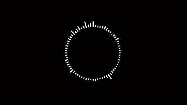Music equalizer- Circular audio waveform spectrum visualizer on black background. Audio frequency sound wave. Sound beat ripples. Audio spectrum simulation for music. Player audio wave animation.