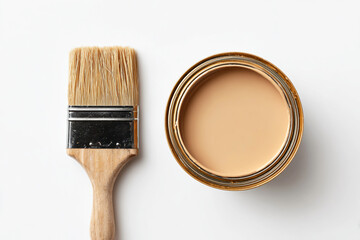 Paintbrush and beige paint can isolated on white background