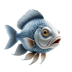 Blue fish with big eyes, detailed scales, and open mouth, isolated on black background