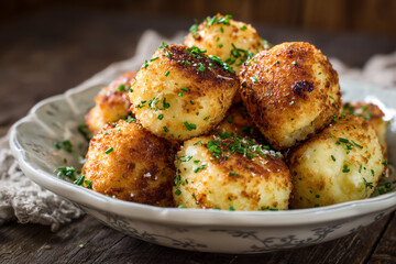 Golden brown fried potato balls sprinkled with fresh herbs