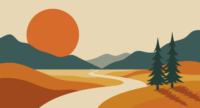 Serene landscape with mountains trees and a winding path under a warm sunset glow