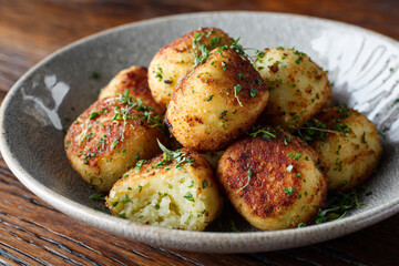 Golden roasted potatoes with herbs in a rustic bowl