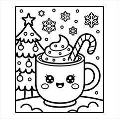 Cute Christmas Hot Chocolate Coloring Page, Holiday Drink with Candy Cane Illustration, Adorable Winter Beverage Coloring Sheet, Printable Kids Holiday Activity, Kawaii Hot Cocoa Coloring Page.