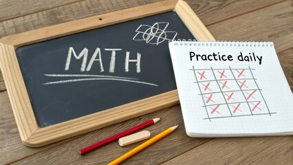 Chalkboard with Math Written on It and Notebook with Practice Chart for Daily Learning and Study Sessions