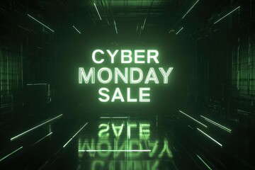 Futuristic cyber monday sale neon sign glowing bright green in a dark digital tunnel with reflections