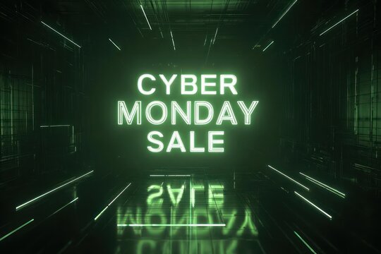 Futuristic cyber monday sale neon sign glowing bright green in a dark digital tunnel with reflections