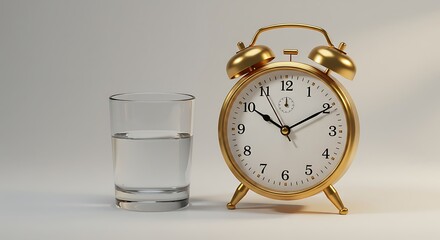 Golden Alarm Clock and Water Glass Still Life on Light Background