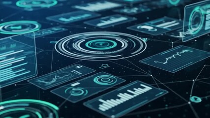 Futuristic digital interface with charts, graphs, and data visualization panels - Powered by Adobe