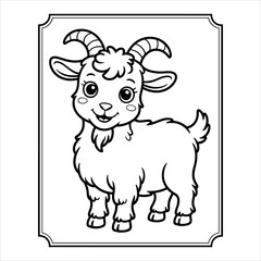 Cute Goat Coloring Page, Farm Animal Cartoon Illustration, Kids Friendly Goat Drawing.
