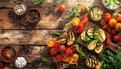 Grilled Vegetables Display with Tomatoes Peppers Zucchini and Herbs on Rustic Wooden Background Overhead Food Photography