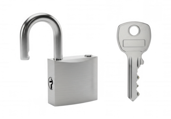 Silver padlock and key isolated on a transparent background