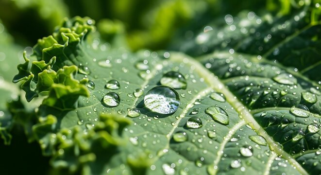 Close up of a kale leaf covered in water droplets in bright sunlight