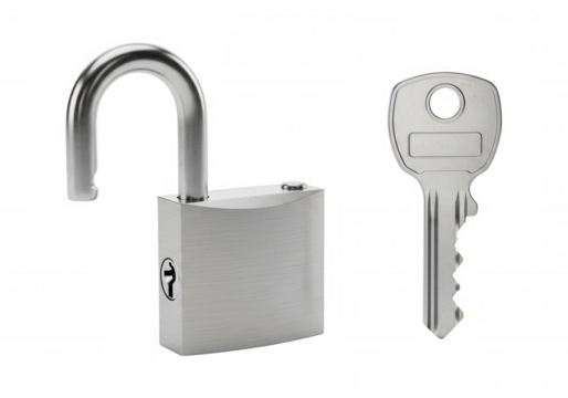 Silver padlock and key isolated on a transparent background