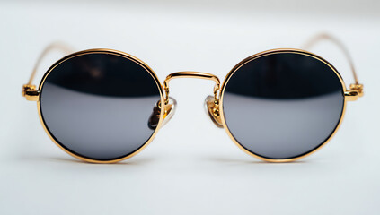 Round gold frame sunglasses with dark lenses isolated on white background
