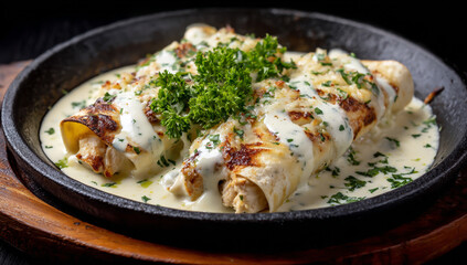 Delicious chicken enchiladas covered in creamy sauce and cheese