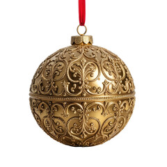 Ornate golden Christmas ornament with red ribbon hanging against black